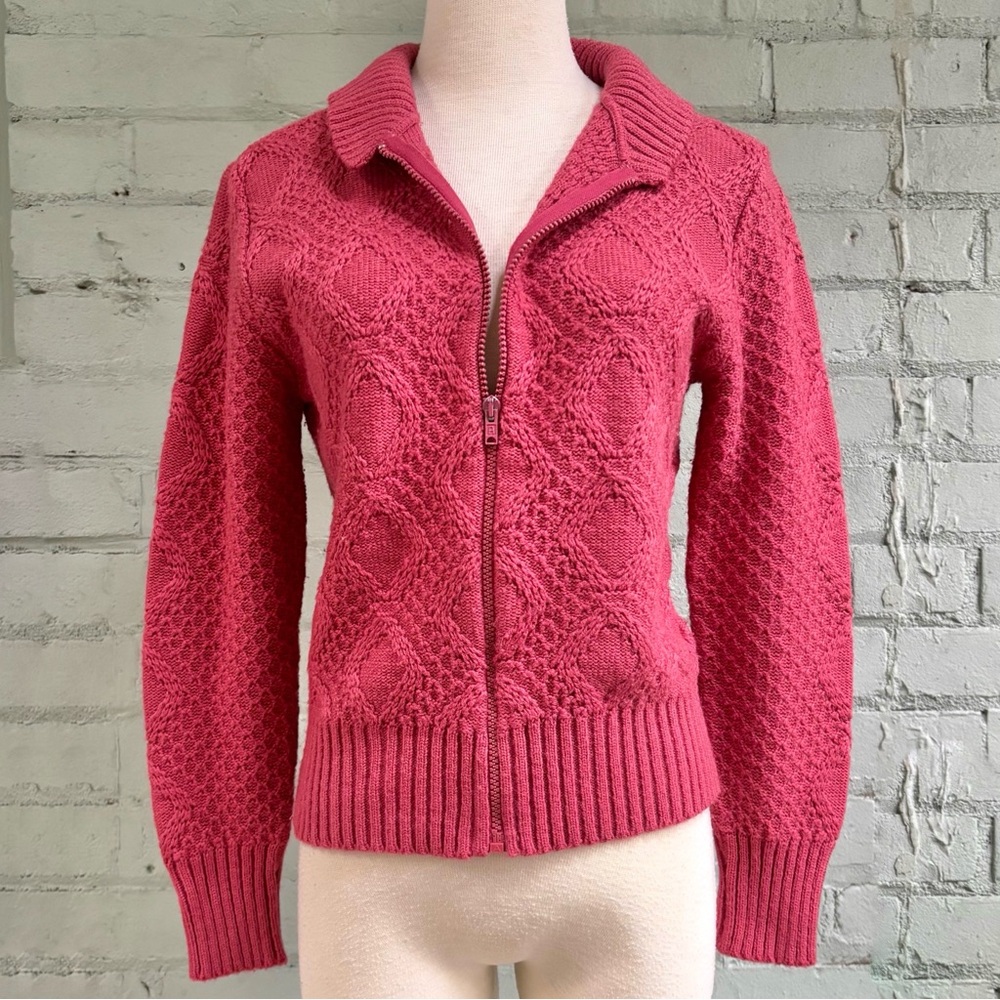 Vintage Red Collared Zip Up Sweater with Cable Knit Detail